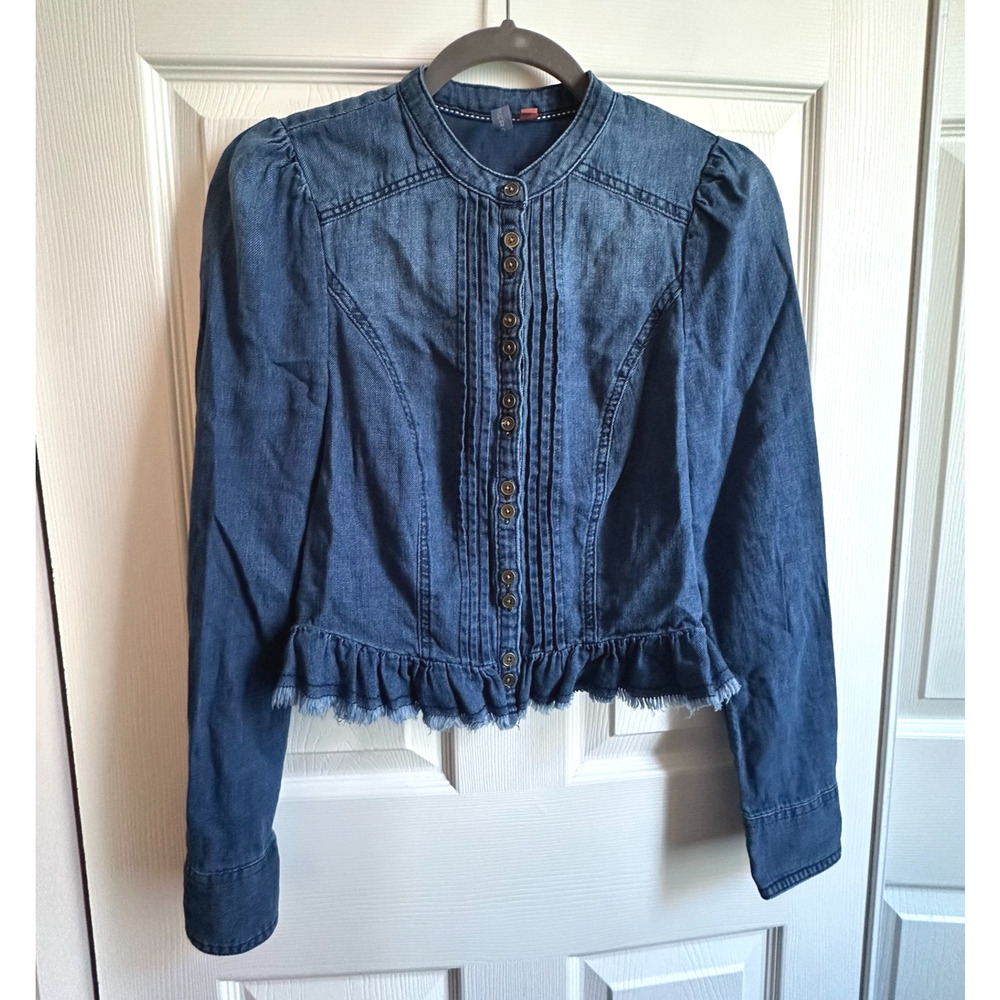 Pilcro Womens Size 4 Denim Puff Sleeve Button Up Ruffle Hem Frayed Edge Jacket